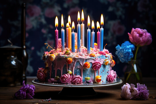 Birthday cake with candles and lights decoration on blurred background, AI generated