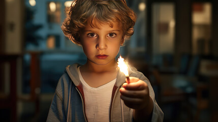Сhild boy alone in the room holds a burning match in his hand. Fire danger, children and fire, fire danger, child safety at home. - obrazy, fototapety, plakaty