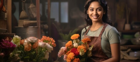 East Indian Female Florist Employee Career Handsome Setting Generative AI