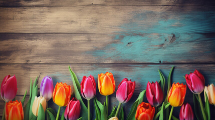 Colorful tulips on grunge background, spring flowers background. easter concept