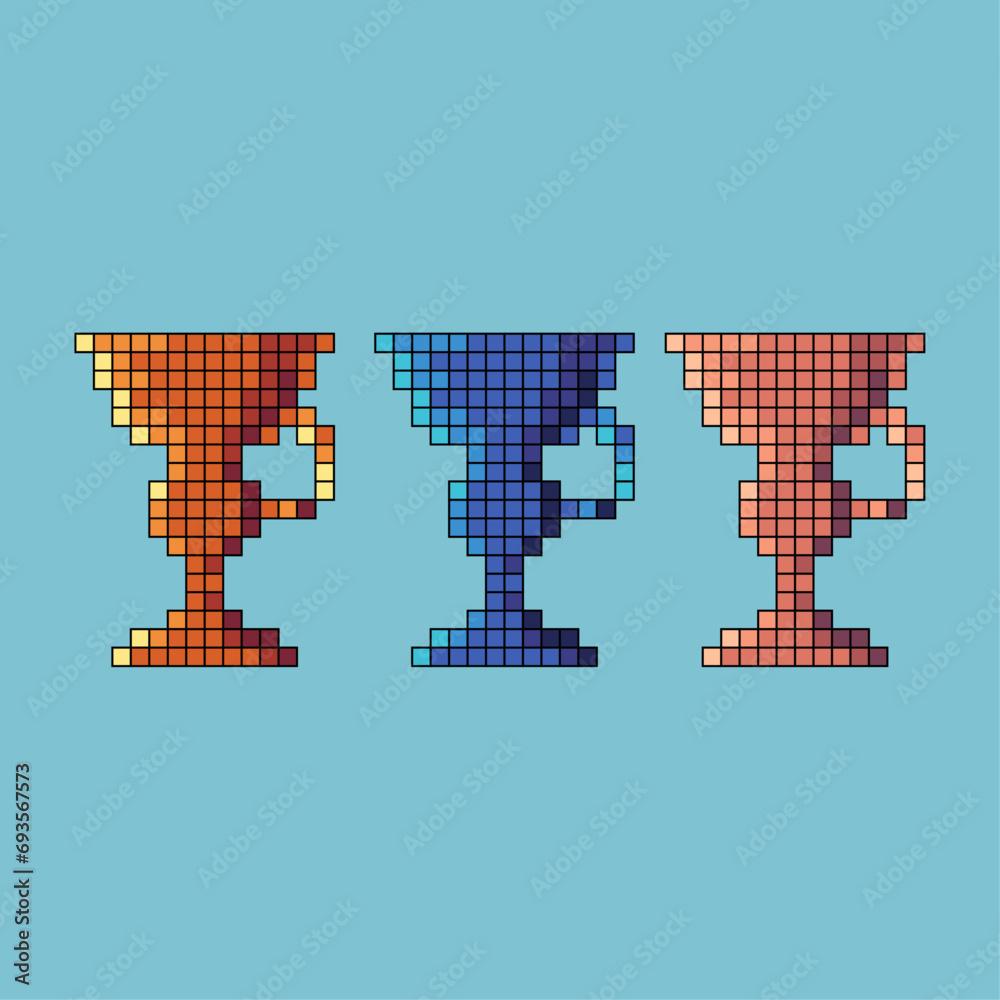 Poster pixel art stroke sets of trophy winner icon with variation color item asset. trophy win icon on pixe