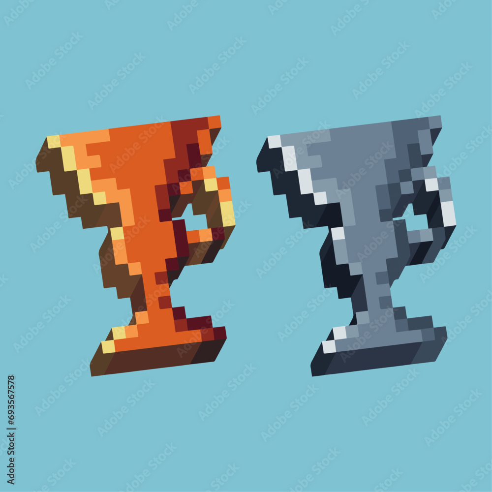 Poster isometric pixel art 3d of trophy icon for items asset.trophy icon on pixelated style.8bits perfect f
