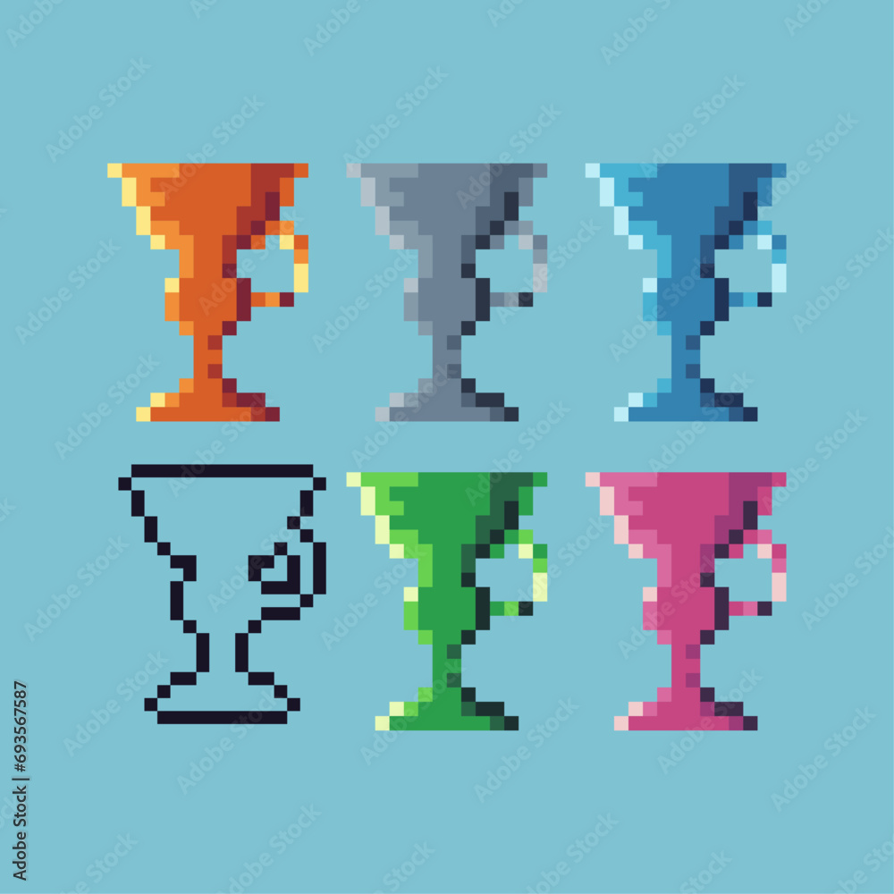 Poster pixel art sets of trophy winner icon with variation color item asset. trophy win icon on pixelated s