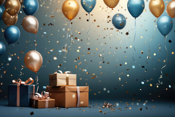 Color balloons an gift boxes for Birthday decoration, Birthday decor with balloons and gift boxes in a room concept, AI generated