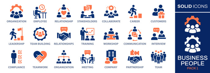Business people icon set. Collection of team, leadership, workshop, employee, career and more. Vector illustration. Easily changes to any color. - 693568570