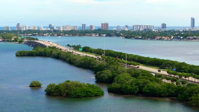 Aerial Miami Julia Tuttle Causeway bridge medium angle 3x zoom telephoto video