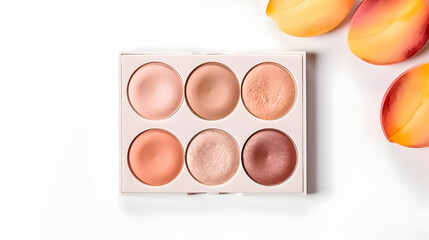 Peach fuzz colour make up palette on the white background. Trendy colour for 2024.
