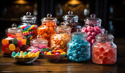 Fototapeta na wymiar Glass jars with different candies bright colorful photo