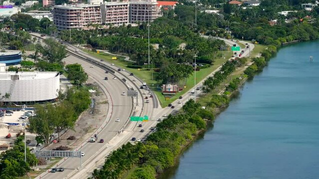 Welcome to Miami Beach. aerial video sign on the Julia Tuttle Causeway 7x telephoto zoom drone clip