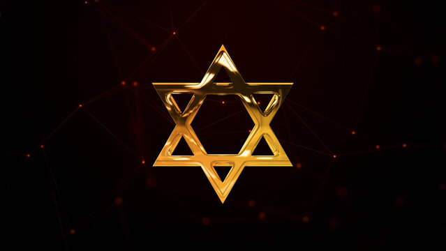 Luxury Digital Shiny Golden Glossy Metal Texture Star Of David Judaism Symbol On Connected Lines Dots Dark Red Background