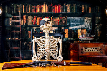 skeleton with eye patch holding retro bb gun with vintage radio and old library background - obrazy, fototapety, plakaty