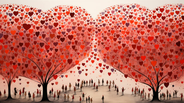 Man woman design love art red illustration valentine background tree heart day romance