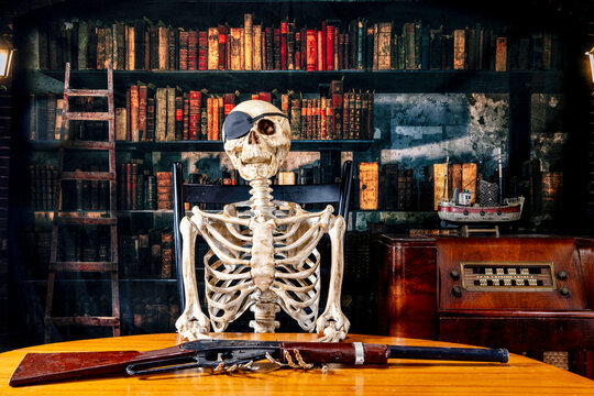 skeleton with eye patch holding retro bb gun with vintage radio and old library background