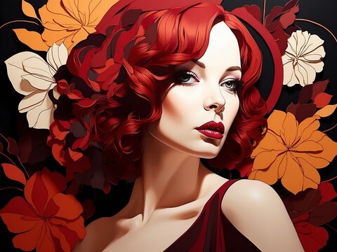 pop art deco Christina Hendricks silhouette full-body shot with bold lines, surrounded by intricate flowers wine-red background, vectorized precision