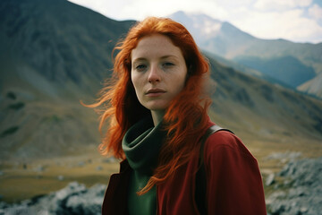 portrait  of AI generated fiction young red hair woman outdoor 