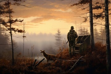 Embark on a serene woodland trek as a deer hunter navigates the tranquil forest, treading lightly over fallen leaves and branches. Equipped with a backpack and rifle - obrazy, fototapety, plakaty