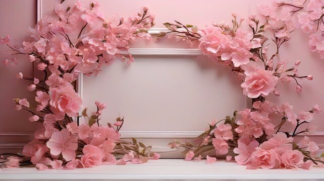 An Enchanting Pink Floral Frames Background, Crafting a Captivating Visual with Delicate Blossoms. Infuse Ambiance, Elegance, and Nature's Touch for Beauty and Tranquility.