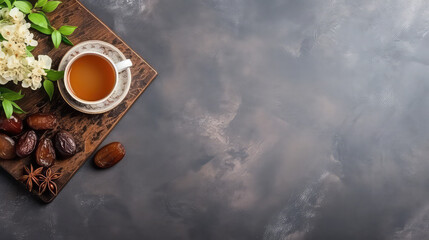 Obraz na płótnie Canvas Top view of tea and dates Ramadan template copy space