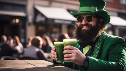 Bearded man dressed for St. Patrick's day celebration drinking beer - obrazy, fototapety, plakaty