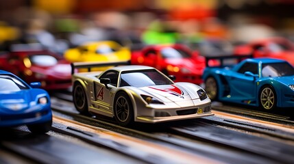 Fototapeta na wymiar A lively display of toy cars and race tracks