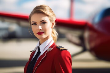 Young stewardess posing for the camera outdoors near airplane
