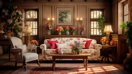 Fototapeta na wymiar English Country Coziness with Floral and Wooden Accents. AI generated