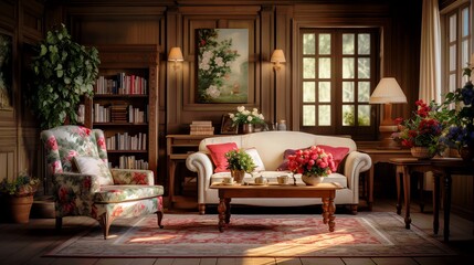 Fototapeta na wymiar English Country Coziness with Floral and Wooden Accents. AI generated