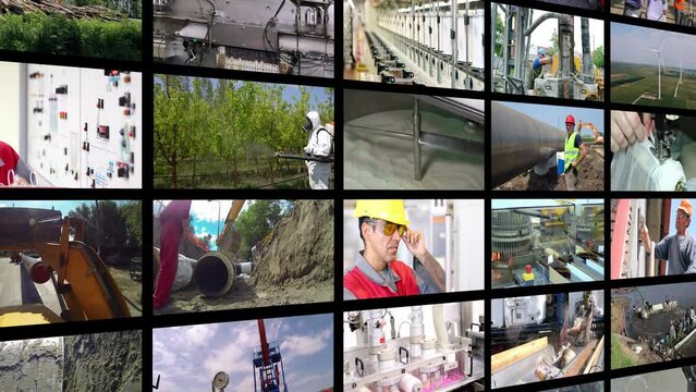 Industrial Activity - Multiscreen Video. Workforce Productivity. Collage of Video Clips Showing People of Different Professions at Work. Professional Occupations. Industrial Media Wall.