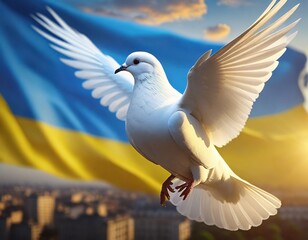 White dove with the ukrainian flag in the background, symbol of peace and patriotism of Ukraine