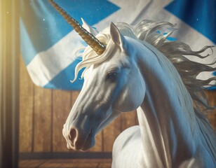 Unicorn with the scottish flag, mythic creature symbol of Scottland