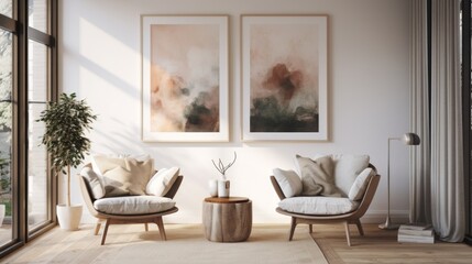 In a modern living room with Scandinavian-style interior design, two armchairs are positioned against a wall, complemented by a sizable framed poster. AI generated