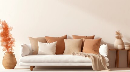 Fototapeta na wymiar Scandinavian Serenity with Fabric Sofa, White, and Earthy Pillows in a Modern Living Room. AI generated