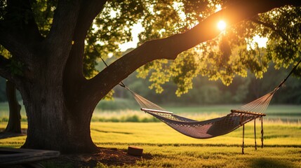 A hammock that is empty next to a tree
