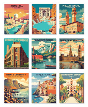 Vintage Travel Posters Set: Alcazar, Cinque Terre, Giant's Causeway, Guinness Storehouse, Norwegian Fjords, Palace of Westminster, Palazzo Vecchio, Trevi Fountain, Wailing Wall