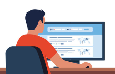 Man looking for a flight tickets. Flight search website on a computer screen. Avia sale web site aggregator for buying tickets online. Search bar and results, flight options. Vector illustration.
