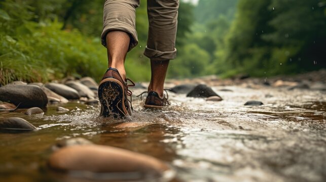 Close up feet walking through a river 