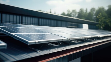Close-up of a new building with solar panels on the roof - obrazy, fototapety, plakaty