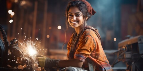 East Indian Woman Welder Occupation Career Attractive Setting Generative AI - obrazy, fototapety, plakaty