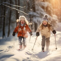 Happy kids skiing in beautiful winter forest, sunset, snow