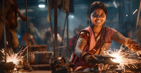 East Indian Woman Welder Occupation Profession Attractive Background Generative AI