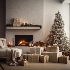Beautiful Christmas gift boxes on floor near fir tree in room with fireplace.