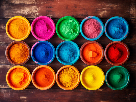 Colorful Holi paints in jars on the table. View from above.