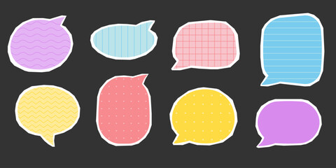 Colorful cut out speech bubbles with pattern. Modern stickers for collage, notes