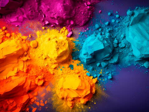 Colorful bright colors of Holi are scattered on the surface. Background of Holi colors. 