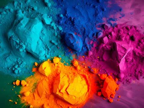 Colorful bright colors of Holi are scattered on the surface. Background of Holi colors.