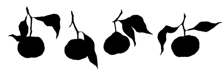 Set of silhouettes of citrus fruit tangerine. Vector graphics. - obrazy, fototapety, plakaty