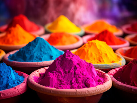 Multicolored Holi paints on plates