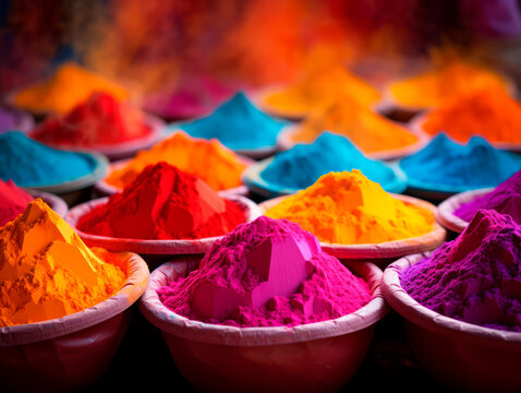 Multicolored Holi paints on plates