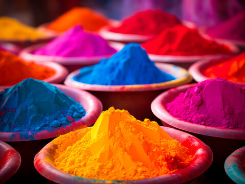 Multicolored Holi paints on plates 