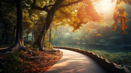 Path way through the autumnal forest natural way concept, road to the tropical forest nature field, relaxing with ecological environment, use for spa and freedom lifestyle concept